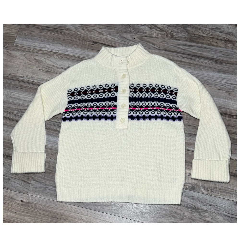Talbots Women's Medium Cream Fair Isle Button Mock Neck Knit Sweater
